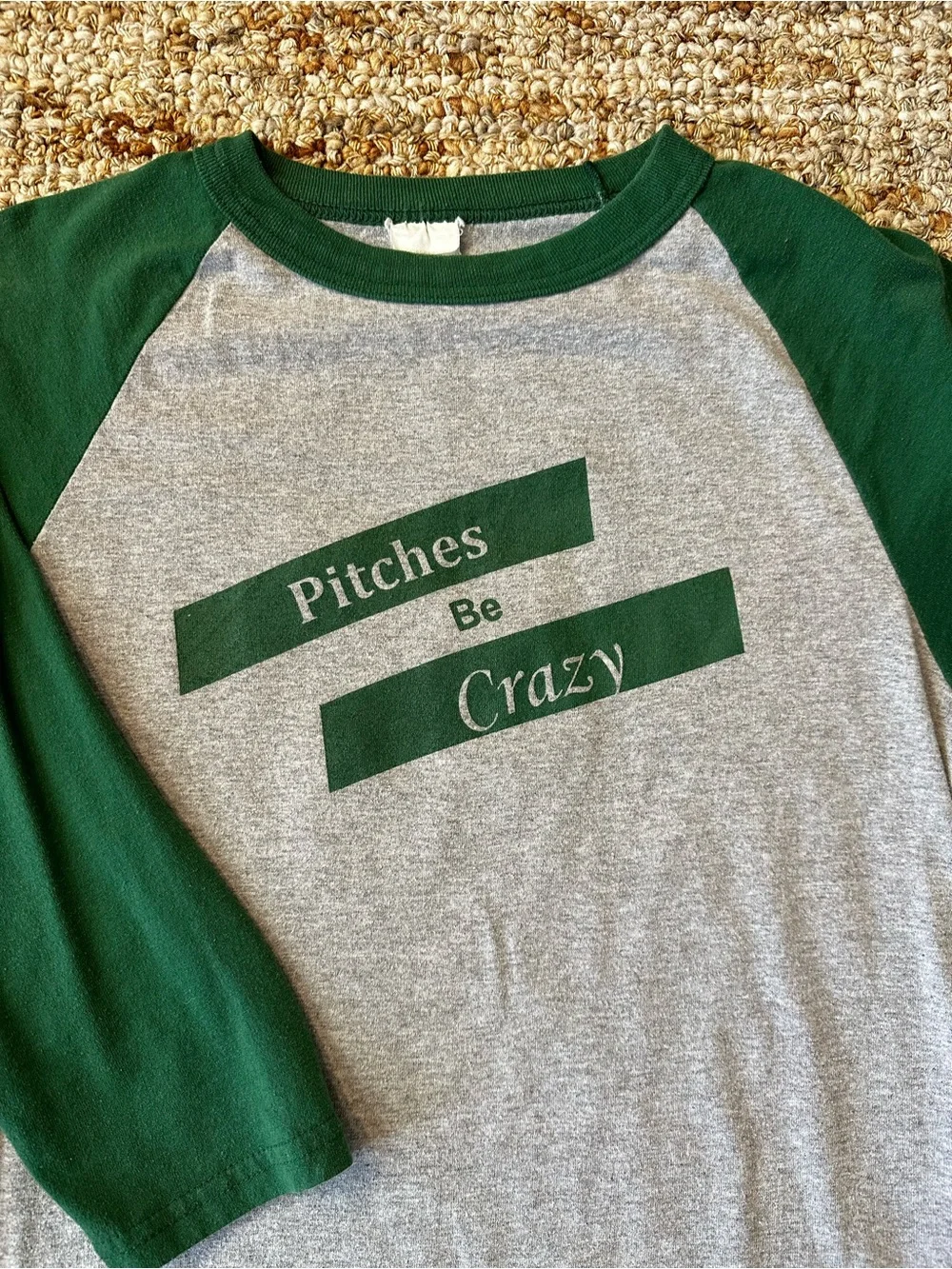Gray Baseball Raglan Tee with Dark Green Sleeves - 'Pitches Be Crazy'